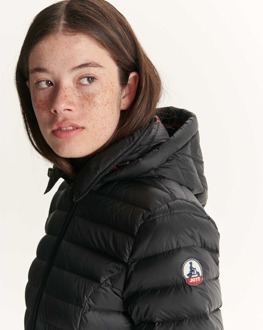 JOTT Black Nour 2.0 Mid-Length Hooded Puffer Jacket | Outerwear